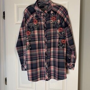 New Tolani Blue and Pink Plaid Shirt with Floral Design